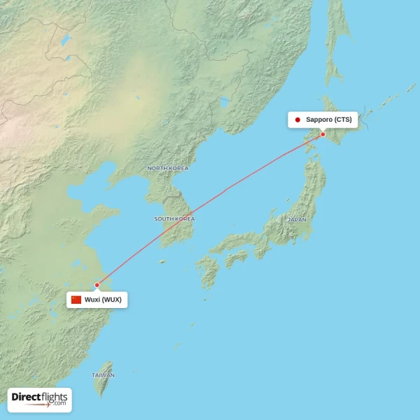 Sapporo - Wuxi direct flight map