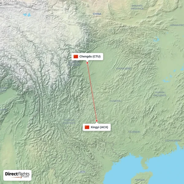 Chengdu - Xingyi direct flight map