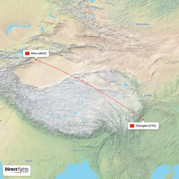 Chengdu - Aksu direct flight map