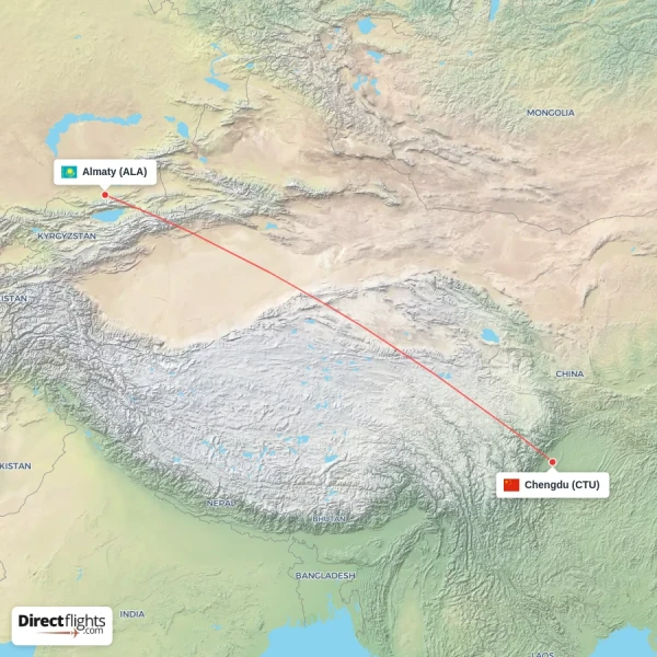 Chengdu - Almaty direct flight map