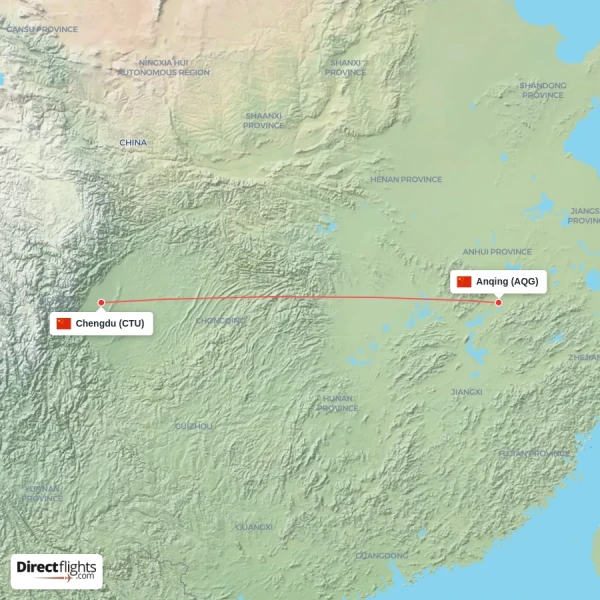 Chengdu - Anqing direct flight map