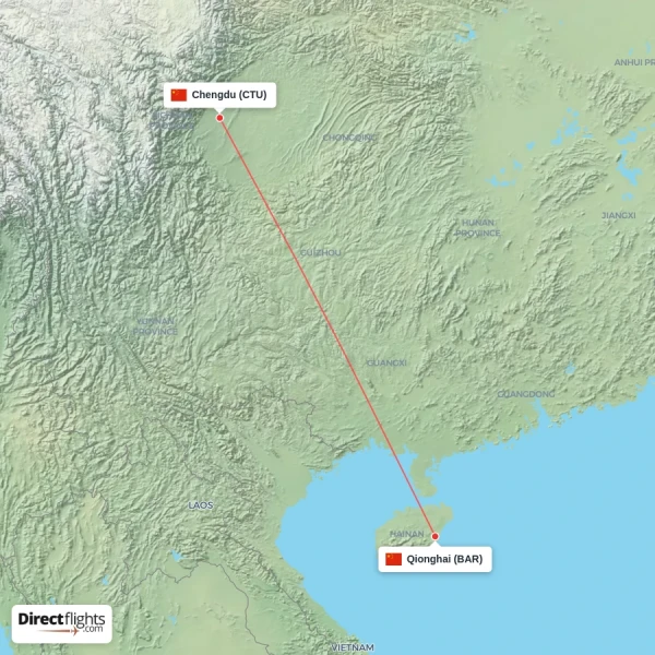 Chengdu - Qionghai direct flight map
