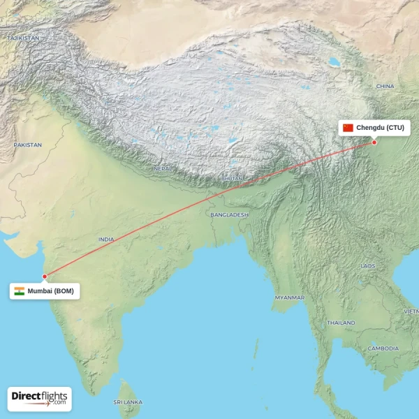 Chengdu - Mumbai direct flight map