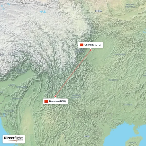 Chengdu - Baoshan direct flight map
