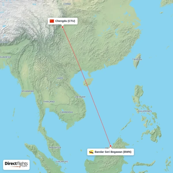 Chengdu - Bandar Seri Begawan direct flight map