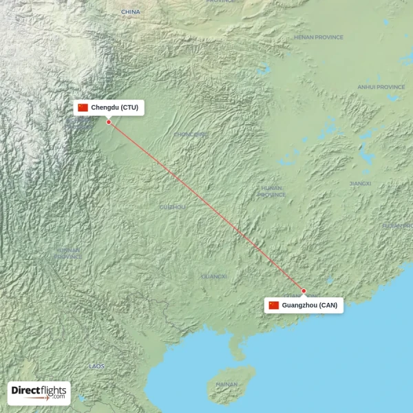 Chengdu - Guangzhou direct flight map