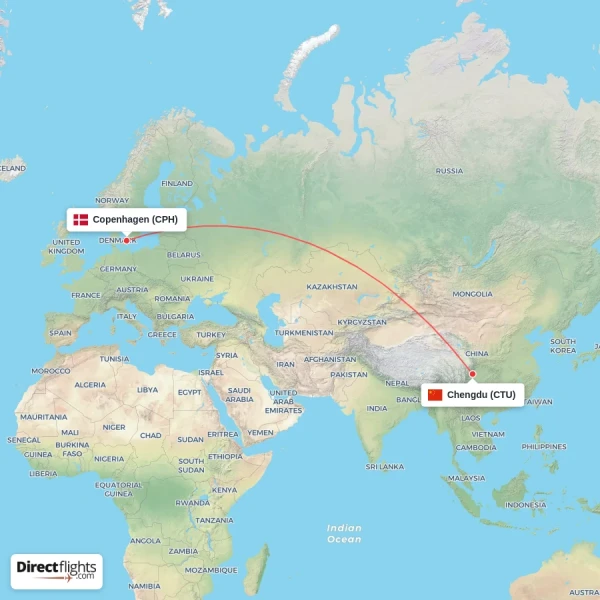 Chengdu - Copenhagen direct flight map