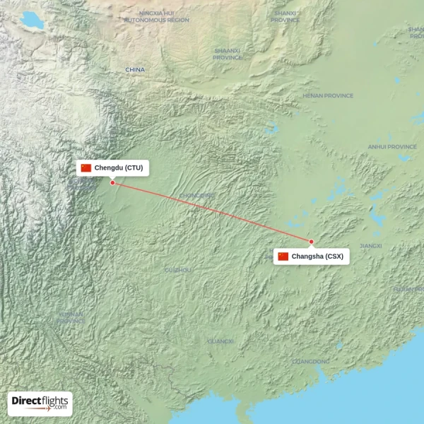 Chengdu - Changsha direct flight map