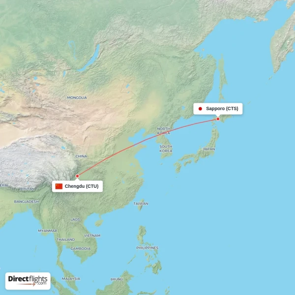 Chengdu - Sapporo direct flight map