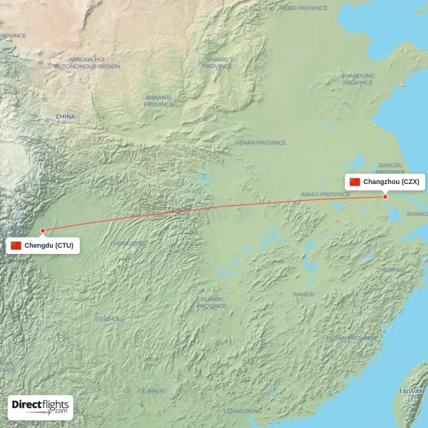 Chengdu - Changzhou direct flight map