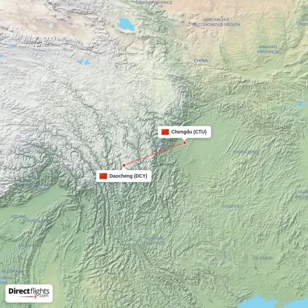 Chengdu - Daocheng direct flight map