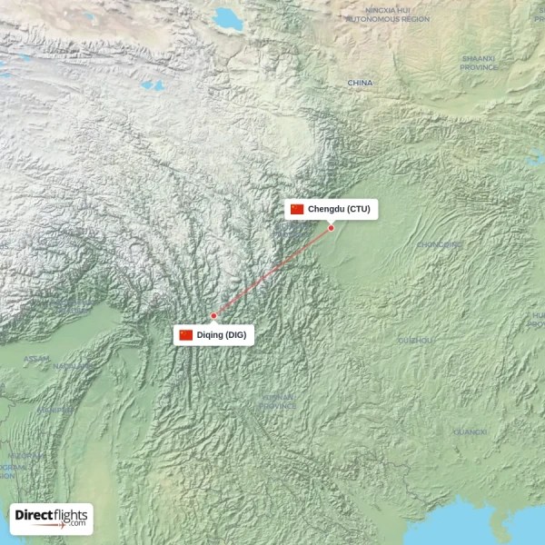 Chengdu - Diqing direct flight map