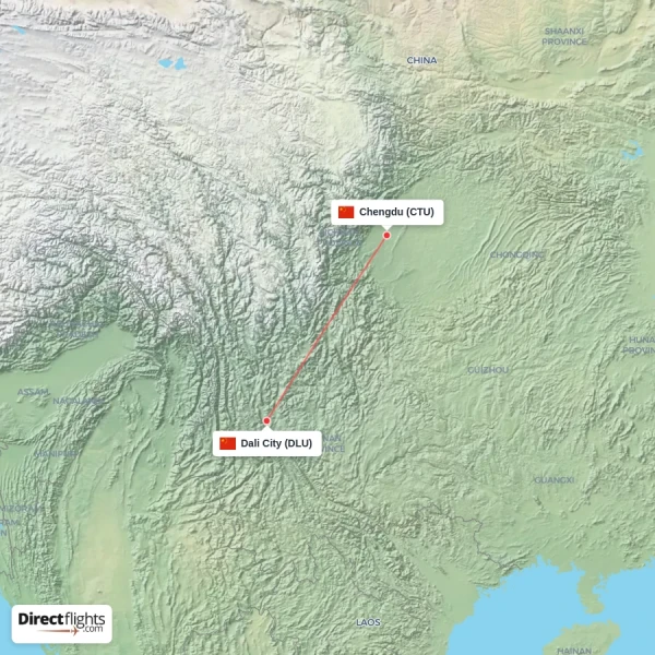 Chengdu - Dali City direct flight map