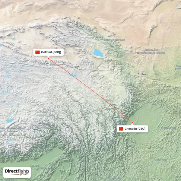 Chengdu - Golmud direct flight map