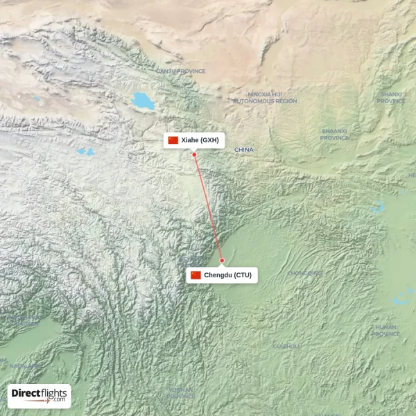 Chengdu - Xiahe direct flight map
