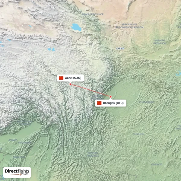 Chengdu - Ganzi direct flight map