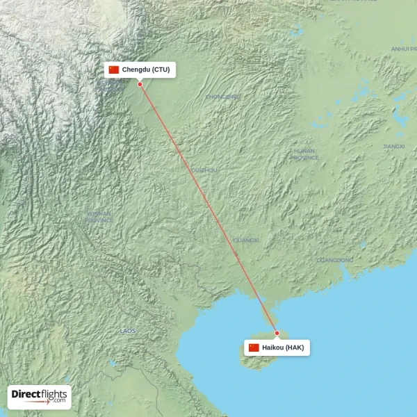 Chengdu - Haikou direct flight map