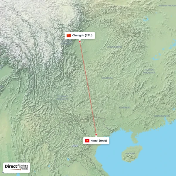 Chengdu - Hanoi direct flight map