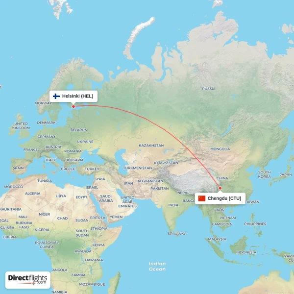 Chengdu - Helsinki direct flight map