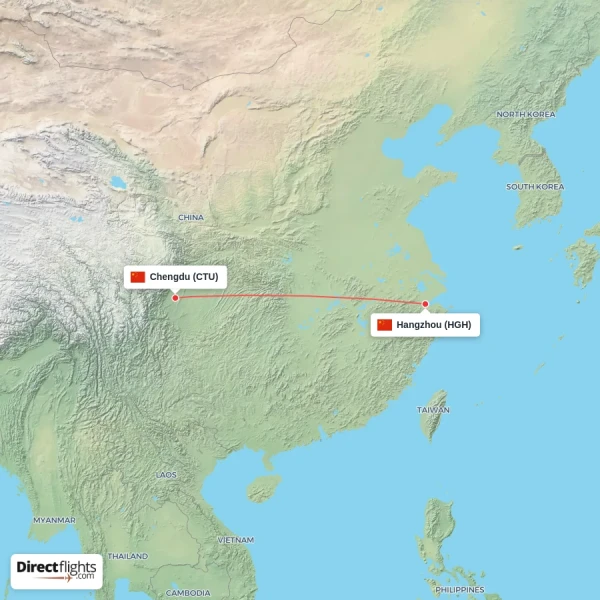 Chengdu - Hangzhou direct flight map
