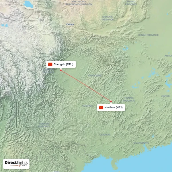 Chengdu - Huaihua direct flight map
