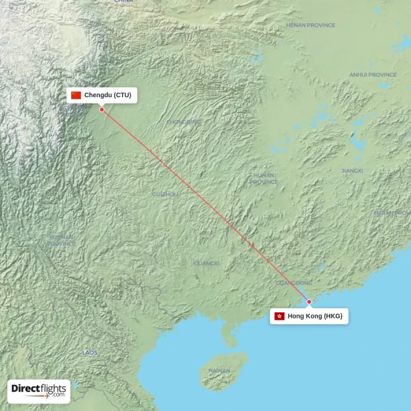 Chengdu - Hong Kong direct flight map