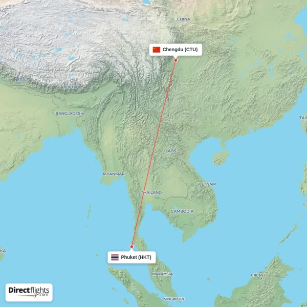 Chengdu - Phuket direct flight map