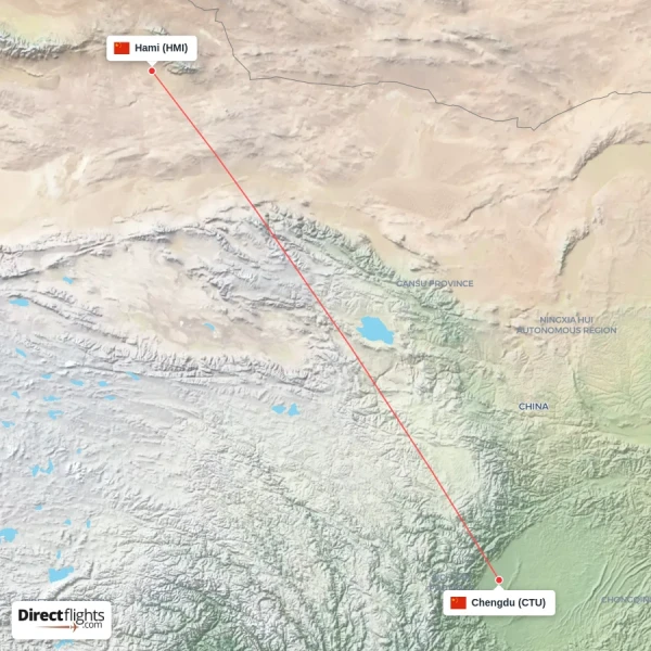 Chengdu - Hami direct flight map