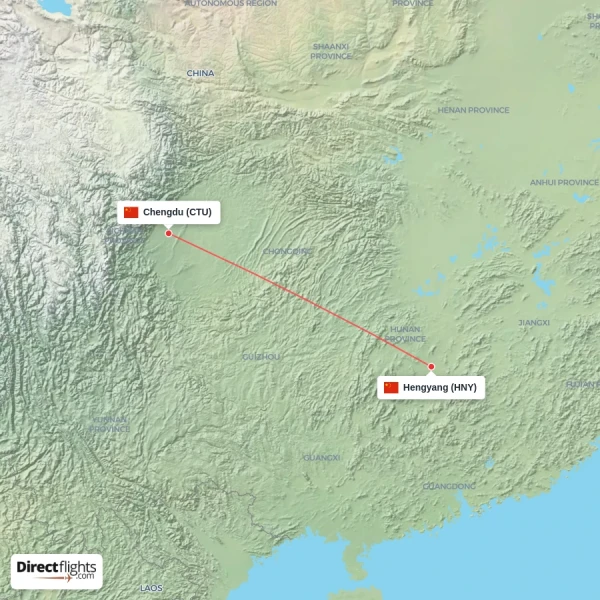 Chengdu - Hengyang direct flight map