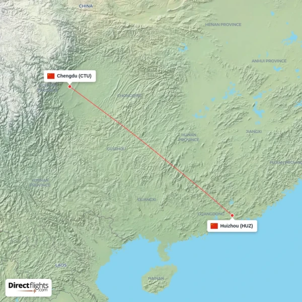 Chengdu - Huizhou direct flight map