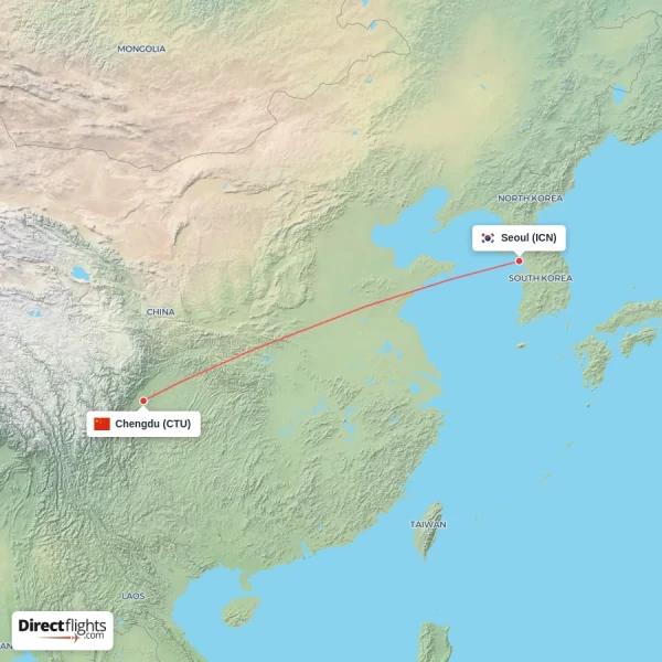 Chengdu - Seoul direct flight map