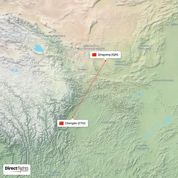 Chengdu - Qingyang direct flight map