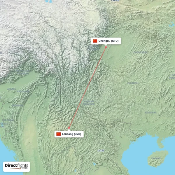Chengdu - Lancang direct flight map