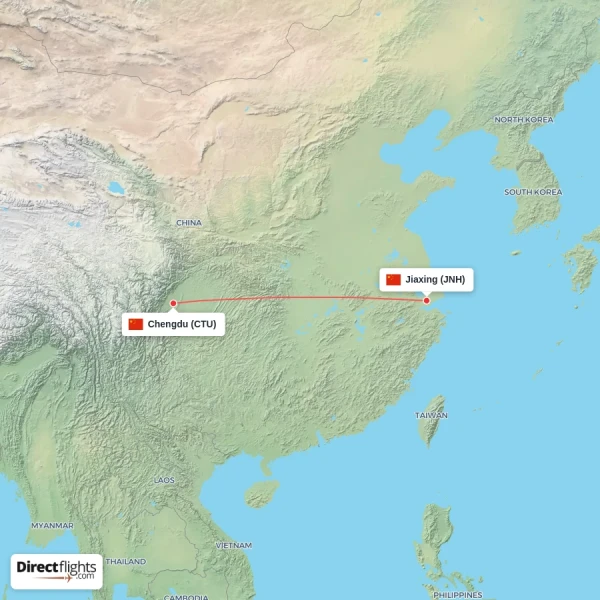 Chengdu - Jiaxing direct flight map