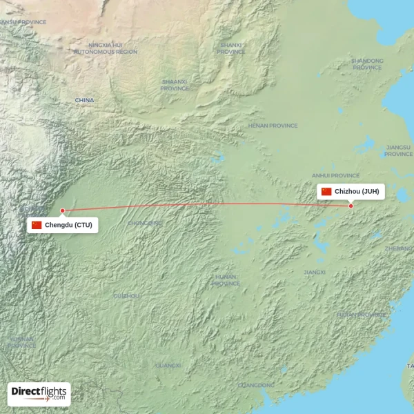 Chengdu - Chizhou direct flight map
