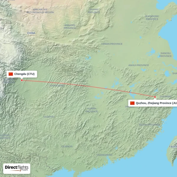 Chengdu - Quzhou, Zhejiang Province direct flight map