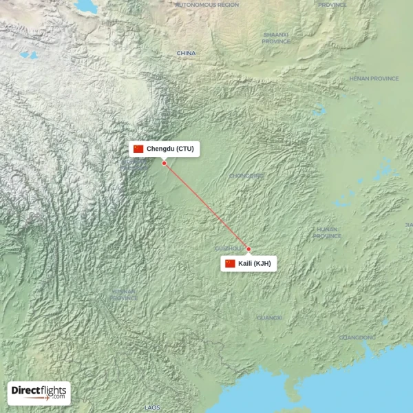 Chengdu - Kaili direct flight map