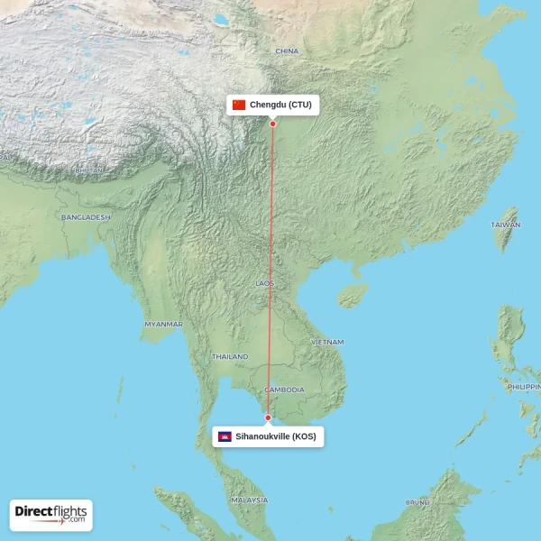 Chengdu - Sihanoukville direct flight map