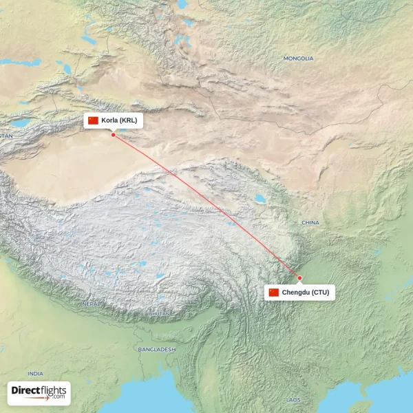Chengdu - Korla direct flight map
