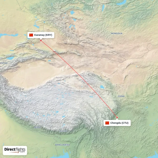 Chengdu - Karamay direct flight map