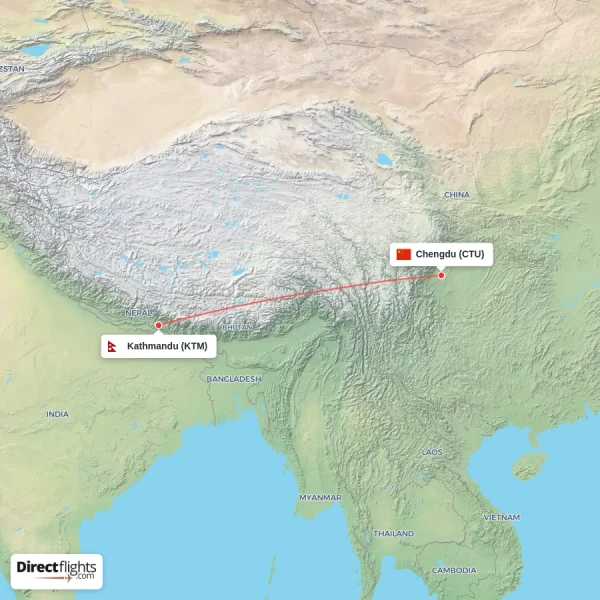 Chengdu - Kathmandu direct flight map