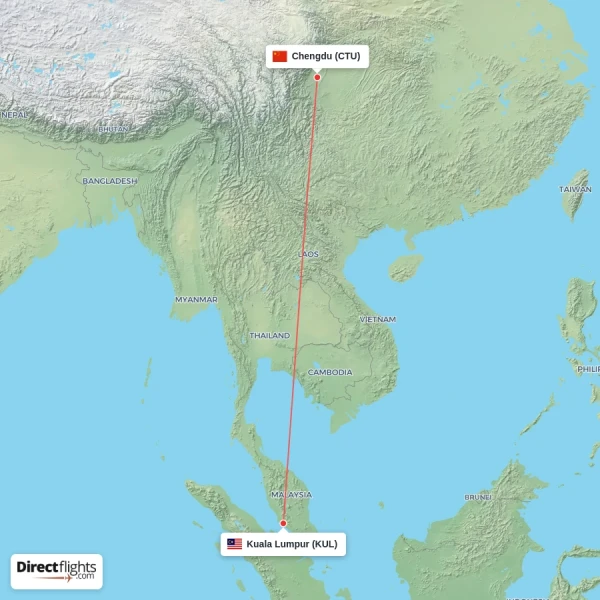 Chengdu - Kuala Lumpur direct flight map