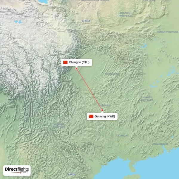 Chengdu - Guiyang direct flight map