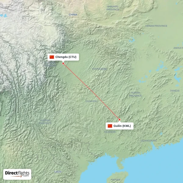 Chengdu - Guilin direct flight map