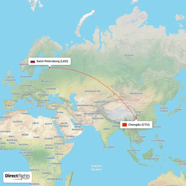 Chengdu - Saint Petersburg direct flight map