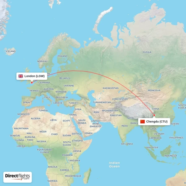 Chengdu - London direct flight map
