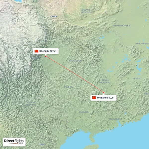Chengdu - Yongzhou direct flight map