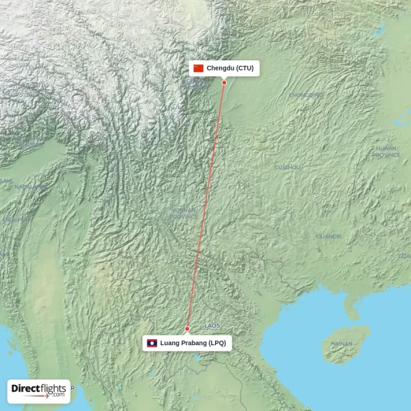 Chengdu - Luang Prabang direct flight map