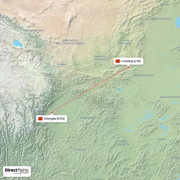 Chengdu - Luoyang direct flight map