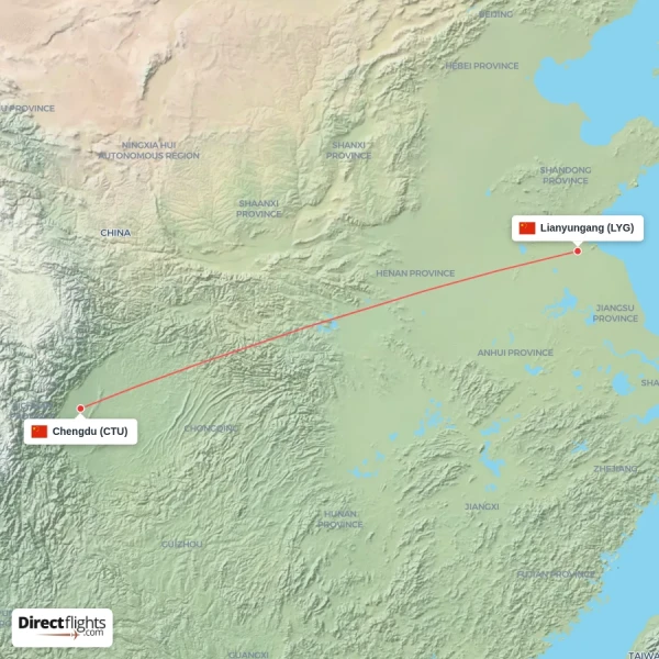 Chengdu - Lianyungang direct flight map